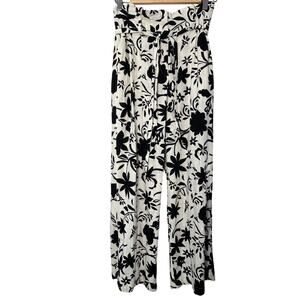 Zara Linen Blend Black Cream Floral Pants Small